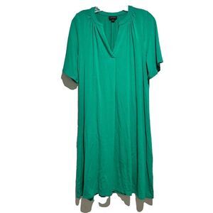 J Jill Wearever Collection Pleated Shift Dress Green M Split V Neck Short Sleeve